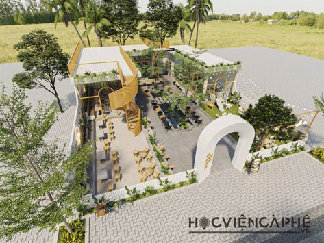 Outdoor Foodcourt Architecture, Cafe Ideas Design, Backyard Cafe, Cafe Plan, Vertikal Garden, Cafeteria Design, Coffee House Design, Open Restaurant, Cafe Exterior