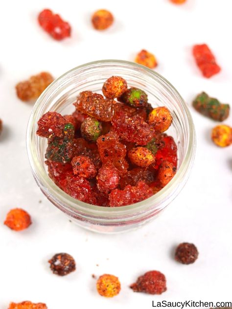 Mexican Candy With Chamoy And Tajin, Spicy Gummy Bears, Spicy Gummy Bears Recipe, Chamoy Tajin Candy, Spicy Gushers Recipe, Tajin Gummy Bears Recipe, Gummy Bears With Chamoy, Chamoy And Tajin Gushers Recipe, Gummies With Chamoy And Tajin