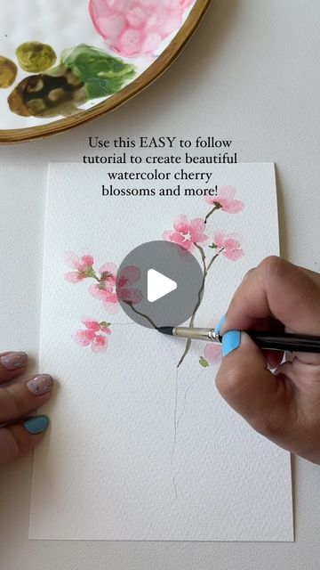 Watercolour Step By Step Easy, Easy Beautiful Watercolor Paintings, Quick And Easy Painting Ideas, Watercolor Tutorials Videos, Watercolor Flowers Tutorial Step By Step, Watercolor Videos Tutorial, Watercolour Cherry Blossom, Cherry Blossom Tutorial, Cherry Blossom Watercolor