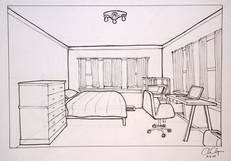 Objective: Create a one- point perspective drawing of your bedroom that demonstrates your understanding of perspective and use of proper tools. Materials: Pencil Ruler Eraser One Point Perspective Room, Room Perspective Drawing, Croquis Architecture, Perspective Room, 1 Point Perspective, Reka Bentuk Dalaman, Perspective Drawing Architecture, Bedroom Drawing, Interior Architecture Drawing