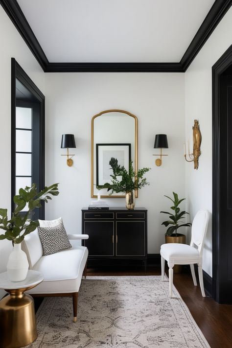 24 Chic White Walls with Black Trim Ideas to Elevate Your Home Decor – HomelyTip White Wall And Black Trim, Black Trim White Walls Living Room, White Wall Contrast Trim, White Room With Black Trim, White Rooms With Black Trim, Black Trim Inside House, White Walls With Darker Trim, Beige Walls Black Trim, White Room Black Trim