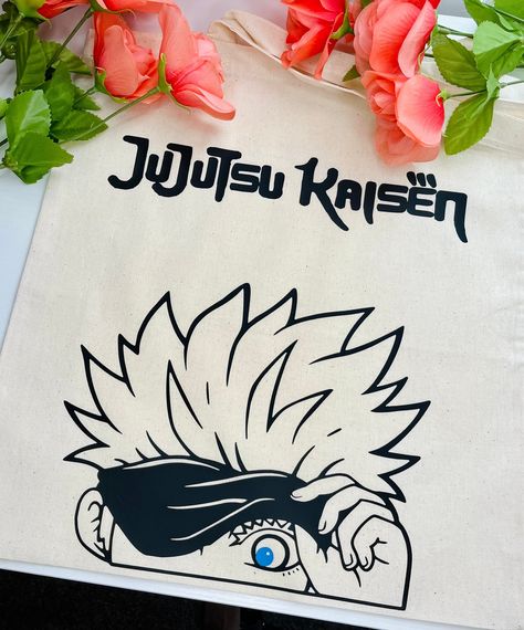 "Super Cute and Functional Anime Tote Bag!  Tote bag size: 16\" x 15\"  100% Cotton Hand wash only with light detergent. Hang Air Dry." Anime Tote Bag Design, Tote Bag Gift Ideas, Man Tote Bag, Bag Gift Ideas, Painted Canvas Bags, Anime Tote Bag, Bag Painting, Canvas Bag Design, Blue Eyed Men