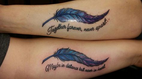 Friendship Feather tattoo. Feather Sister Tattoos, Matching Feather Tattoos, Soul Sister Tattoos, Friendship Articles, Feather Tattoo Meaning, Best Friend Images, Bestie Tattoo, Hand Tattoos For Girls, Daughter Tattoos