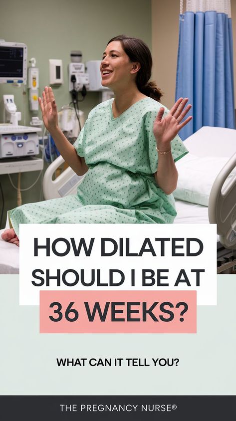 A Pinterest pin with a photo of a pregnant woman sitting on a bed in an OB office. She is wearing a green hospital gown and has her hands in the air. The background contains medical equipment and a blue curtain. The title of the pin is bold and colorful: "HOW DILATED should I be at 36 weeks?" The subtitle is "what can it tell you?". The text is placed over the image. Below the image, it says "The Pregnancy Nurse®". Dilation And Effacement, Cervix Dilation, Cervical Dilation, Small Baby Bump, Pregnancy Aesthetic, Phases Of Labor, Last Exam, Delivery Nurse Gifts, Weeks Of Pregnancy