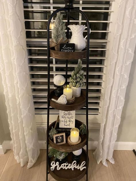 Tiered Tray Decorating & More | Just got this shelf and I absolutely love the way it turned out | Facebook Corner Shelf Decorating Ideas, Shelf Decorating Ideas, Mantle Wood, Wood Baskets, Shelf Decorating, Farmhouse Mantle, Wood Basket, Candle Displays, Corner Shelf