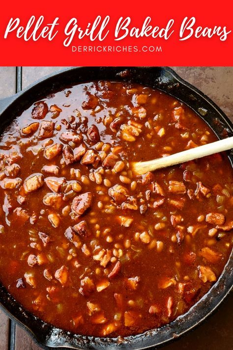 Smoky, delicious pellet grill BBQ baked beans Baked Beans On Pellet Grill, Pellet Grill Baked Beans, Pellet Grill Sides, Smoked Baked Beans In Smoker, Pit Boss Pellet Grill Recipes, Wood Pellet Grill Recipes, Easy Bbq Side Dishes, Vegetarian Baked Beans, Bbq Smoker Recipes