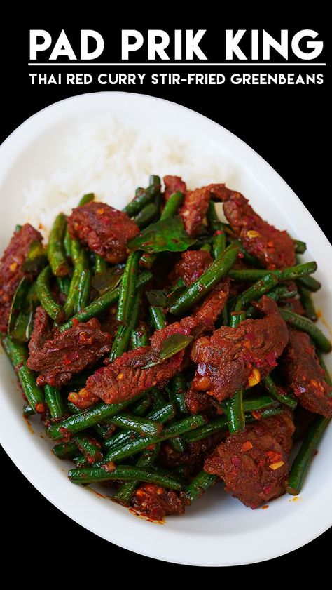 Pad Prik King Thai Red Curry Stir-fried Green Beans Recipe and Video Prik King Green Beans, Thai Green Beans Recipe, Thai Beef Recipes, Prik King Recipe, Pad Prik King Recipe, Pad Prik King, Thai Green Beans, Pad Prik, Fried Green Bean Recipes