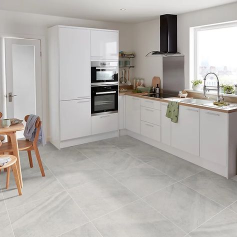 Grey Tile Floor, Council House Renovation, Grey Floor Tiles, Matt Stone, Green Kitchen Cabinets, Grey Tiles, Grey Flooring, Compact Living, Kitchen Room Design