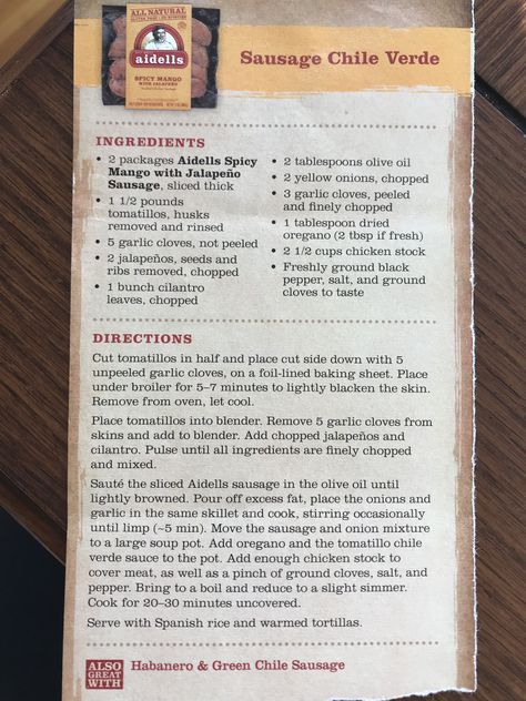 Aidells mango jalapeño sausage tomatillo Chile verde 10/2018: A liked, S didn’t. Sausage too spicy. Served with Mexican rice. Green Chili Sausage Gravy, Aidells Mango Jalapeno Sausage Recipes, Hatch Chile Sausage Recipes, Aidells Spicy Mango Sausage Recipes, Mango Jalapeno Chicken Sausage, Green Chile Verde Pork, Jalapeño Sausage, Aidells Sausage, Chili Verde Recipe