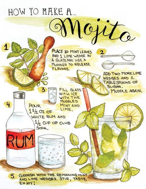 Mojito Illustration, Watercolor Kitchen, Mojito Recept, Recipe Art, Bartender Gifts, Mojito Cocktail, Mojito Recipe, Beef Wellington, Art Easy