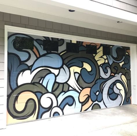 Garage Wall Mural Ideas, Painted Garage Door Mural, Garage Door Mural Ideas, Mural Dinding Art, Garage Mural Ideas, Garage Wall Mural, Garage Murals, Cyberpunk Cafe, Garage Door Murals