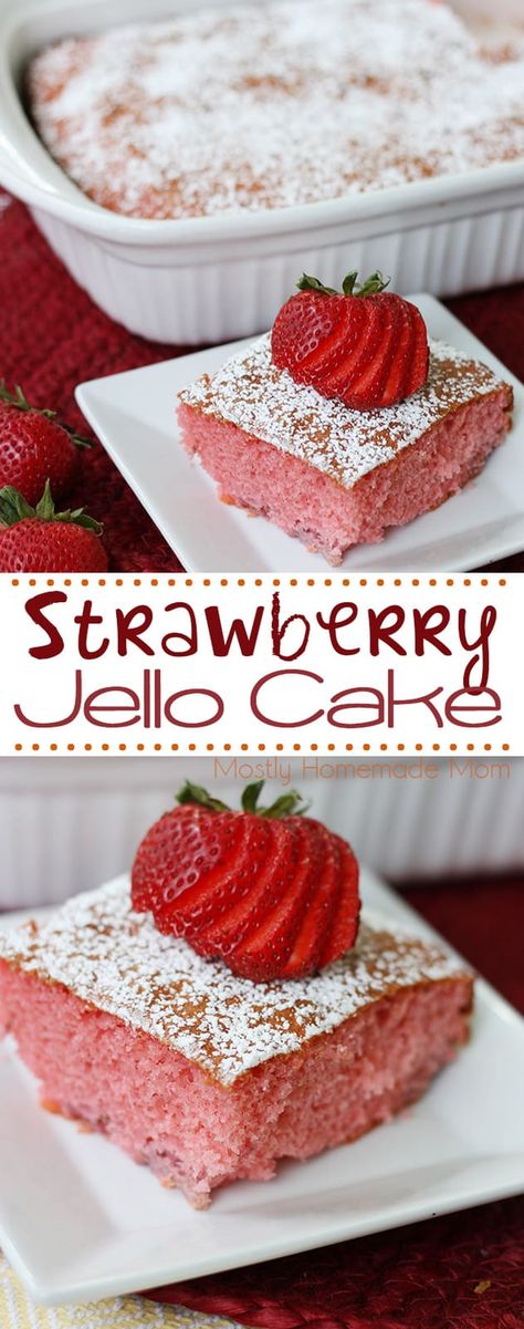 Strawberry Jello Cake is perfect for spring and summer! White cake mix, strawberry jello mix, strawberries, and powdered sugar - sweet and delicious! #strawberry #cake #cakemix #dessert #recipe Jello Mix Cake, Strawberry Cake Made With White Cake Mix And Jello, Recipes With Jello Powder, Strawberry Jello Cake, Jello Cake Recipes, Blue Treats, Homeschool Meals, Delicious Strawberry Cake, Baby 2024