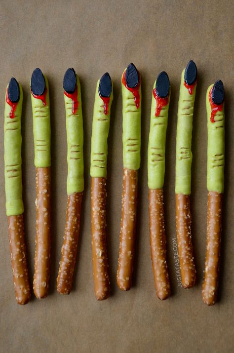 Chocolate Halloween Pretzels | Just a Taste Halloween Desserts Kids, Banana Nut Pancakes, Halloween Pretzels, Chocolate Halloween, Black Food Coloring, Witches Fingers, Salted Pretzel, Homemade Snickers, Halloween Sprinkles