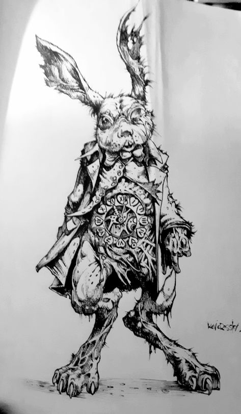 Mad March hare Mad Hatter Drawing, Cheshire Cat Tattoo, Zombie Bunny, Dark Alice In Wonderland, Creepy Tattoos, March Hare, Cat Tattoo, Mad Hatter, Colouring Pages