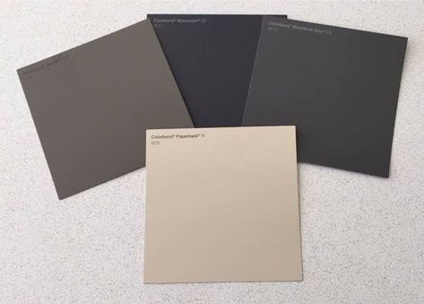 Charcoal Grey Roof Exterior Colors, Paperbark Colorbond Colour Schemes, Woodland Grey Roof, Woodland Grey Exterior Colour Schemes, Colorbond Roofing, Boutique Colors, Charcoal House, Extension Inspiration, Rendered Houses