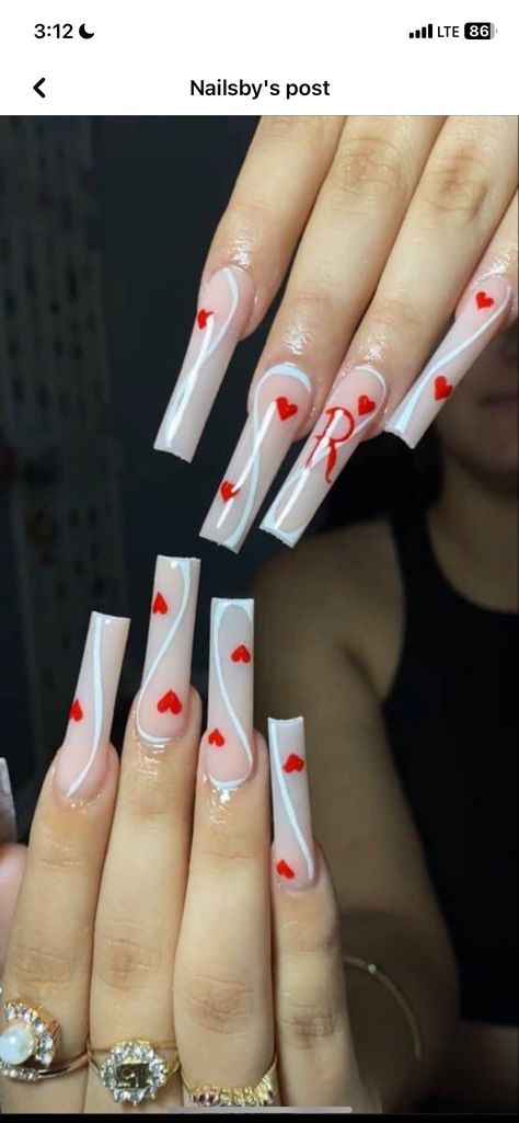 Acrylic Nails Ideas Red And White, Cute Long Red Acrylic Nails, Red And White Nails With Rhinestones, Red And White Nails With Initial, Acrylic Nails With Initials On Them Red, Long Square Acrylic Nails Red And White, Valentines Day Nails Boyfriend Name, Red Nails With Boyfriends Initials, Red Nails With The Letter A