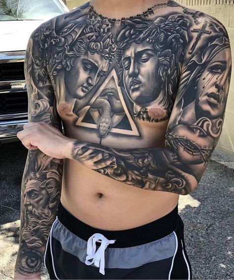 Medium Size Tattoos, Torso Tattoos, Saved Tattoo, Tattoos Mandala, Manga Tattoo, Cool Chest Tattoos, Tattoos Geometric, Chest Piece Tattoos, Chest Tattoo Men