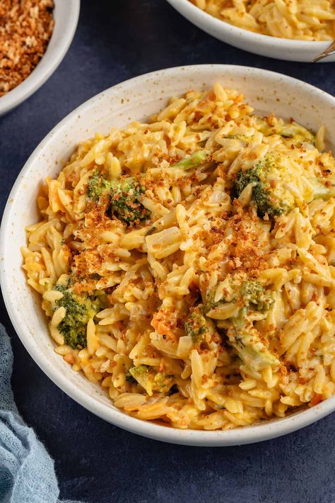 Broccoli Cheddar Orzo, Cheddar Orzo, Vegan Orzo, Cashew Cream Sauce, Vegan Cheddar Cheese, Vegan Broccoli, Creamy Pasta Dishes, Orzo Recipes, Vegan Parmesan Cheese