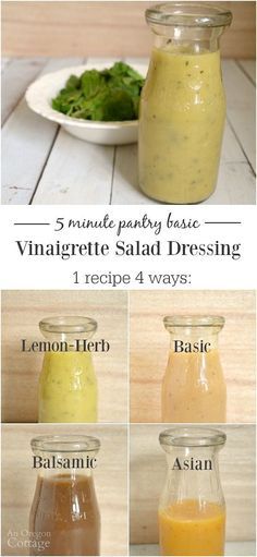 5 minute easy vinaigrette salad dressing: 1 recipe 4 ways (and even more variation ideas) - never buy boring 'Italian' dressing again! Easy Vinaigrette, Homemade Vinaigrette, Vinaigrette Salad, Simple Vinaigrette, Vinaigrette Recipe, Vinaigrette Recipes, Homemade Salads, Homemade Dressing, Homemade Salad Dressing