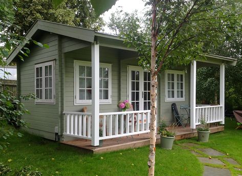 Log Cabin Summerhouse with veranda Interior Log Cabin, Garden Glamping, Micro Cottage, Relaxing Hobbies, Log Cabins Uk, Garden Log Cabin, Manufactured Home Porch, Garden Cabin, Garden Log Cabins