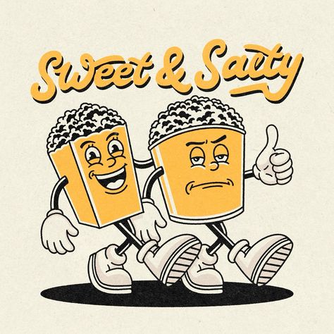 Sweet and salty! #illustration #graphicdesign #apparel #popcorn #mascotdesign Salty Illustration, Popcorn Aesthetic Vintage, Popcorn Character, Popcorn Illustration, Popcorn Aesthetic, Retro Popcorn, Mascot Design, Sweet And Salty, Aesthetic Vintage