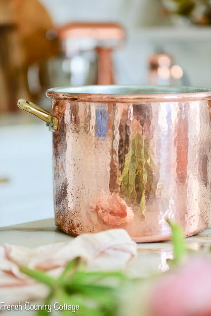 The Best Place to find Copper Pots and Pans | French Country Cottage | I love the bright metallics of copper in the kitchen! In this post, I'm sharing what my favorite source for copper pots and pans is and how to style them in your kitchen. #copperpots #frenchcountry Copper In The Kitchen, Copper Pots And Pans, Corner Sofa And Chair, French Vintage Decor, French Country Kitchens, Salad Bowls Set, Cottage Kitchens, Copper Pots, Pots Pans