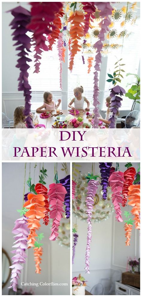 DIY paper wisteria flowers. Hanging paper decor. DIY fairy birthday party ideas. Printable flower templates. Paper Wisteria, Flower Templates Printable, Diy Flores, Fleurs Diy, Fairy Birthday Party, Diy Papier, Amazing Decor, Diy Fairy, Fairy Birthday