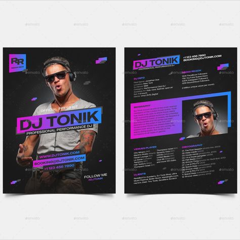 Modern DJ Press Kit and Resume Template for Event / Club Professionals Dj Press Kit, Press Kit Template, Background Images Free Download, Event Template, Graphic Arts Illustration, Template Resume, Youtube Subscribers, Press Kit, Media Kit