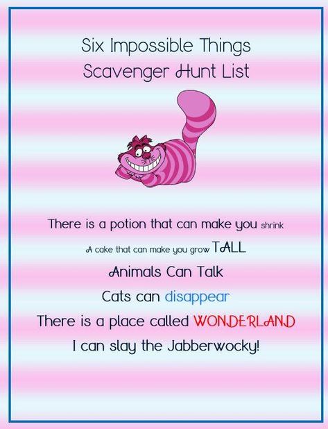 Alice in Wonderland Party Games for Kids| Six Impossible Things Scavenger Hunt Free Printable | MyKidsGuide.com Wonderland Party Games, Alice In Wonderland Party Games, Alice In Wonderland Games, Wedding Games For Kids, Garden Party Games, Party Games For Kids, Free Games For Kids, Alice Tea Party, Mad Hatter Party