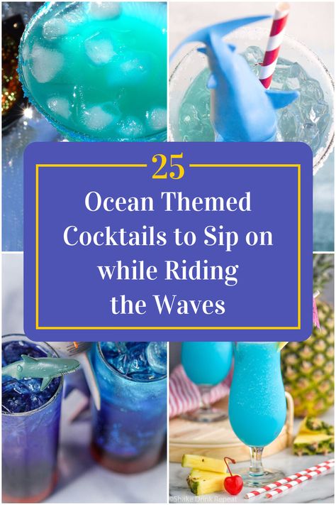 Collage of 4 ocean themed cocktails. Jaws Themed Cocktail, Pool Bar Decorating Ideas, Beach Water Cocktail, Ocean Themed Alcoholic Drinks, Shark Week Cocktails, Shark Week Drinks Alcohol, Shark Cocktails, Mermaid Cocktail Drinks, Ocean Cocktail