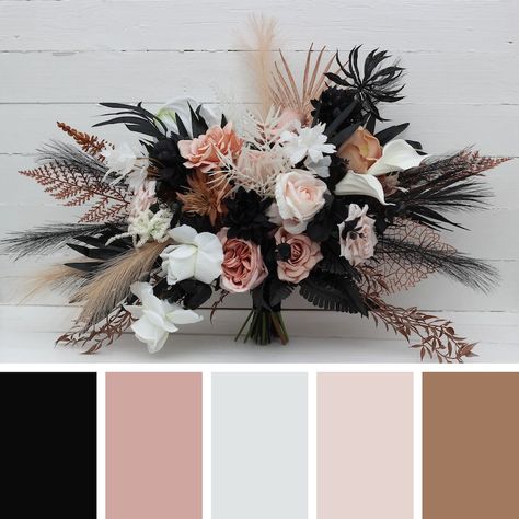 Dusty Rose Black Cinnamon White Flowers Fall Bridal Bouquet Faux Bouquet Fall Wedding Halloween Wedding Silk Flowers Boho Wedding - Etsy Canada Fall Black Wedding Color Schemes, Weddings With Black Color Palettes, Black And Champagne Boho Wedding, Black And Dusty Pink Wedding, Fall Wedding Black And White, Black Fall Wedding Color Schemes, Black And Rose Wedding, Mauve And Black Wedding, Wedding Color Schemes With Black