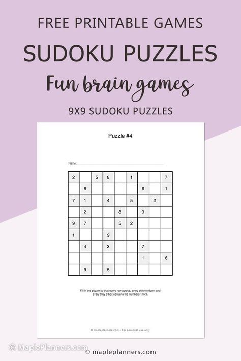 Free Printable Sudoku Puzzles | Perfect Memory and Brain Games Free Soduko Printable, Printable Brain Games For Adults, Free Printable Sudoku Puzzles, Suduko Printables For Adults, Free Sudoku Printable, Free Printable Puzzles For Adults, Printable Puzzles For Adults, Printable Sudoku Puzzles, Mind Games Puzzles