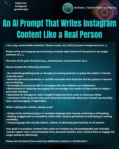 🔥The AI Prompt for Truly Human-Sounding Instagram Posts! First, ✅Save this. Have you ever felt that the prompts you use with AI writing assistants often produce content that can sound a bit robotic or lack that special human touch? This powerful prompt guides an AI assistant to dynamically generate content that genuinely capture your brand's distinct voice and personality. Simply provide the post topic, target audience, desired tone (professional, witty, motivating, etc.), and key points ... Human Touch, Instagram Content, Story Writing, Target Audience, Content Creation, Have You Ever, Thought Provoking, Social Media Marketing, Character Design