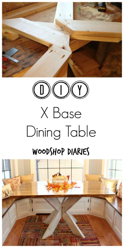 Free building plans for this DIY X Base Dining Table. Wow your guests with this unique X base design. Great for a kitchen nook space or breakfast table. The rustic whitewashed table base and warm wood top make it fit in well with any home décor style. Diy Kitchen Nook, Kitchen Nook Table, Diy Breakfast Nook, Diy Esstisch, Breakfast Nook Table, Diy Kitchen Table, Nook Table, Diy Dining Table, Diy Dining