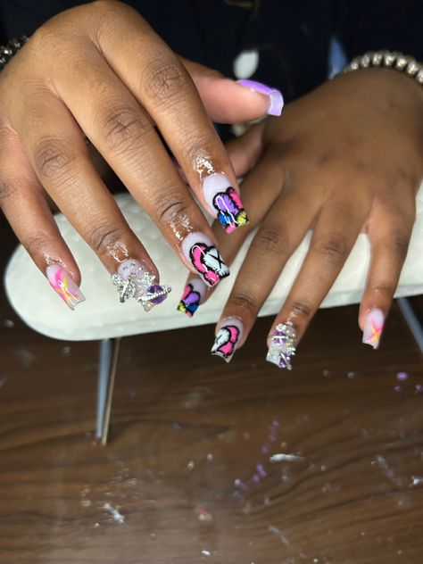 Kaw Nails, Nails Kaws, 2k Nails, Kaws Nails, Practice Nails, Teal Acrylic Nails, Purple And Silver Nails, Colourful Acrylic Nails, December Nails