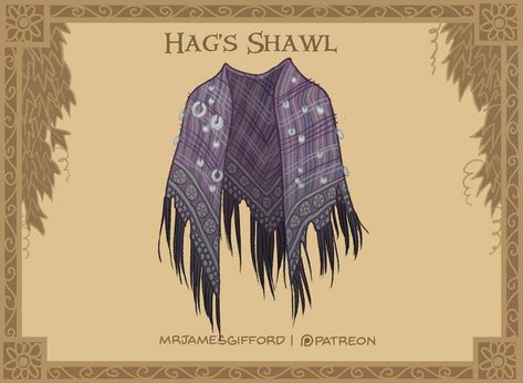 James Gifford en Instagram: “The Hag’s Shawl: This old shawl has seen years of use. Woven from human hair, you feel your body age as it weighs down on your stooped…” Homebrew Armor, James Gifford, Hag Witch, Rpg Items, Fantasy Items, Dnd Items, Magical Items, Dungeons And Dragons 5e, D D Items