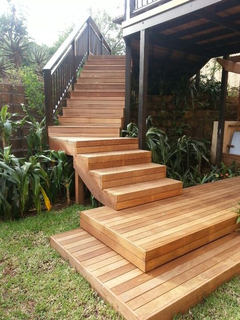 Garden Wooden Stairs, Deck Stairs Landing, Sloped Backyard Landscaping, Timber Stair, Timber Staircase, Wooden Terrace, Garden Stairs, Sloped Backyard, Wood Staircase