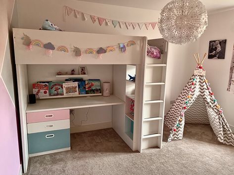 Unicorn Bunk Bed, Bedroom With Bunk Bed, Stuva Loft Bed, Girls Loft Bed, Loft Beds For Small Rooms, Girls Bedroom Themes, Girls Room Paint, Girls Bunk Beds, Beds For Small Rooms