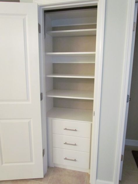 Linen Closet Organization Ideas Hallways, Linen Closet Organization Hallway, Hallway Drawers, Linen Closet Design, Linen Closet Organization Ideas, Closet Storage Solutions, Drawers Organization, Linen Closet Shelves, Linen Closet Makeover