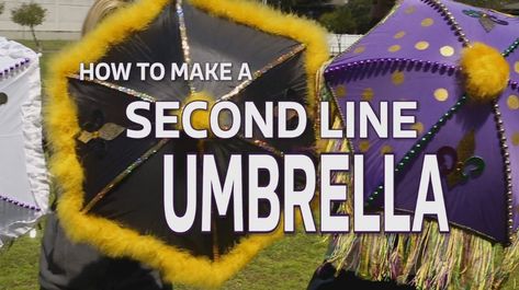 How to make a second line umbrella – WGNO Second Line Umbrella, Madi Gras, Second Line Parade, Mardi Gras Crafts, Mardi Gra, Umbrella Decorations, Small Umbrella, Mardi Gras Parade, Mardi Gras Costumes