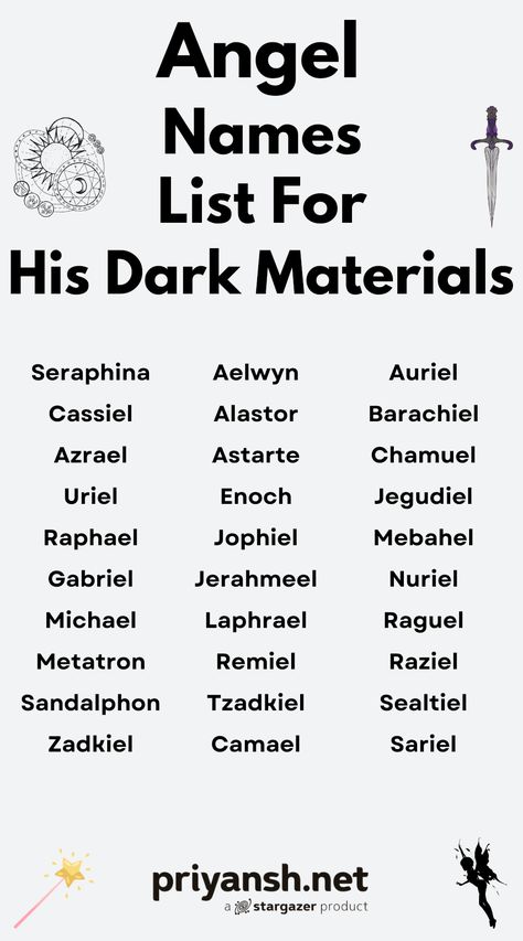 Are you obsessed with His Dark Materials? ✨ Then you'll LOVE these ethereal angel names! 🔮 From Lyra's daemon to the mysterious Authority, these names are perfect for your fantasy character, baby, or just for fun! 🤩 Angels Names List, Angel Names List, Ethereal Names, Angel Names, Neutral Names, Ethereal Angel, Names List, Dark Materials, Fantasy Names