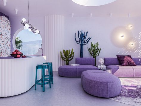 Purple Living Room Ideas, Retail Decor, Pastel Interior Design, Purple Living Room, Pastel Interior, Purple Interior, Purple Rooms, Futuristic Interior, Style At Home