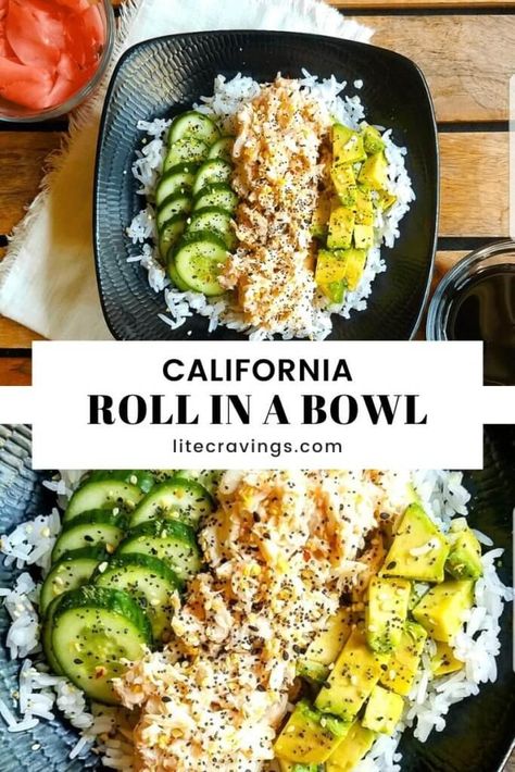 Healthy Meals With Nutrition Info, Simple Sushi Bowl, Crab Meal Prep, Rice Cucumber Bowl, Rice And Cucumber, Crab Rice Bowl, Crab Sushi Bowls, Sushi Bowl Meal Prep, Lunch Bowls Healthy