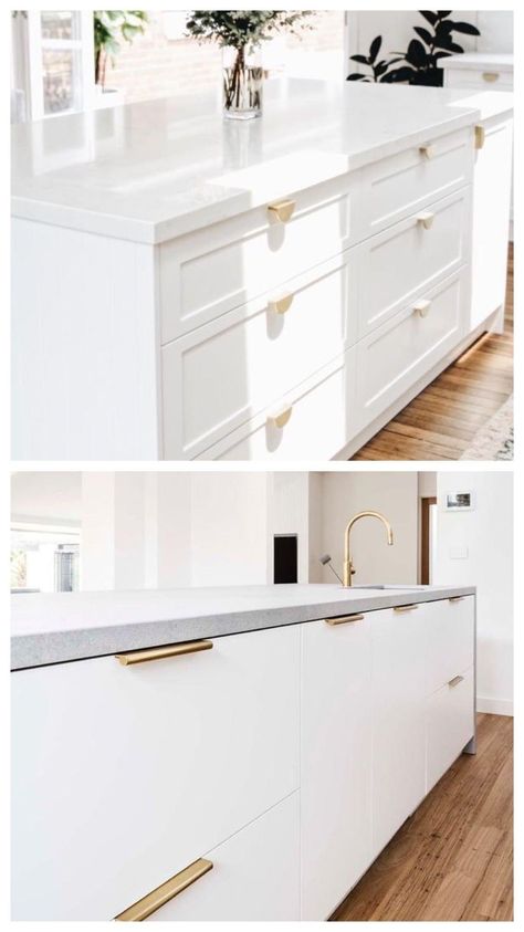 Kitchen Hardware Trends, Kitchen Facelift, Two Tone Kitchen Cabinets, Hamptons Style Home, White Shaker Kitchen, Two Tone Kitchen, Kitchen Redesign, Timeless Kitchen, Kitchen Hardware