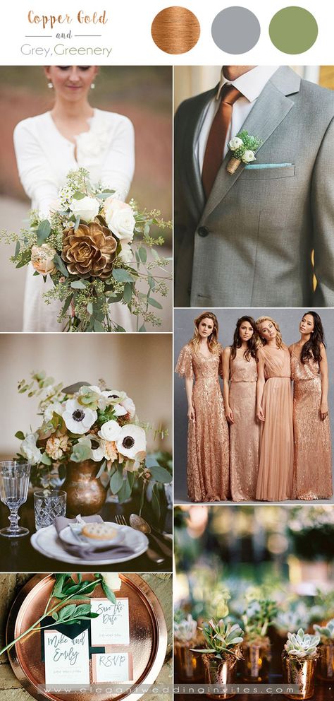 copper gold,grey and greenery fall wedding color combos Copper Wedding Colors, November Wedding Colors, Fall Wedding Color Schemes, Wedding Color Pallet, Wedding Color Combos, Copper Wedding, November Wedding, Theme Color, Fall Wedding Colors