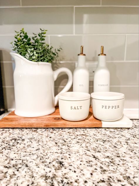 Kitchen Table Centerpiece With Salt And Pepper, Kitchen Oil Tray Ideas, Oil And Vinegar Counter Display, Modern Farmhouse Kitchen Counter Decor, Small Kitchen Island Decor, Cabinets With Wood Countertops, White Cabinets With Wood Countertops, Counter Top Decor Kitchen, White Kitchen Counter Decor