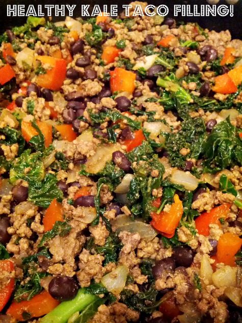 Kale and Beef taco filling. Had this on top of lettuce with chips on the side. Kale And Ground Beef, Taco Filling, Ground Turkey Tacos, Turkey Taco, Taco Fillings, Turkey Tacos, Ground Beef Tacos, Healthy Tacos, Kale Recipes