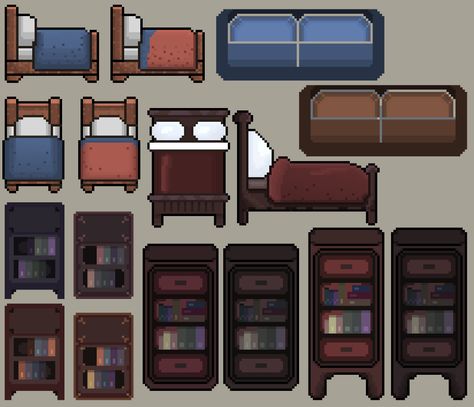 Pixel Art Environment - Furniture and Cabinets by JustAJoke Pixel Art Room 2d, Furniture Pixel Art, Bedroom Pixel Art, Pixel Art Furniture, Pixel Bedroom, Pixel Art Bedroom, Pixel Furniture, Pixel Art Room, Pixel Art Environment