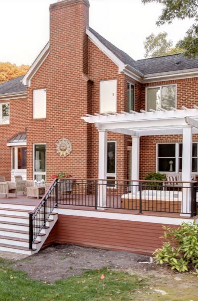 Brick And Wood Deck, Trex Deck Brick House, Decks On Brick Houses, Deck On Red Brick House, Brick Decks And Patios, Red Brick House With Deck, Red Brick House Deck Color, Brick House With Deck, Composite Deck Ideas Red Brick House