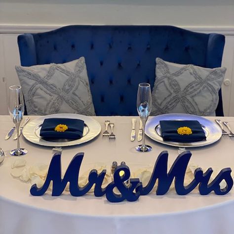 PRICES MAY VARY. Large Size Mr & Mrs Sign ❤️: "Mr" letter -10" x 5.9" x 0.7" , "&" letter : 4.3" x 4.7" x 0.7", "Mrs" letter -12.2" x 5.9" x 0.7". Sturdy Decoration ❤️: The thickness of mr. and mrs. sign is 3/4" which makes them have good fixation. The mr and mrs table decor can easily stand on the table and easily cope with indoor and outdoor party surrounding. Perfect Material ❤️: The Mr and Mrs signs are made of Eco-friendly wood material, material with refined grinding, smooth and wear resis Royal Blue And Silver Wedding Reception, Royal Blue And White Wedding Theme Decor, Wedding Theme Blue And Gold, Simple Blue Wedding Decor, Navy Blue And Burnt Orange Wedding Decor, Navy Blue And Burgundy Wedding Theme, Dark Blue Wedding Decor, Royal Blue And Silver Wedding Theme, Wedding Table Centerpieces Candles